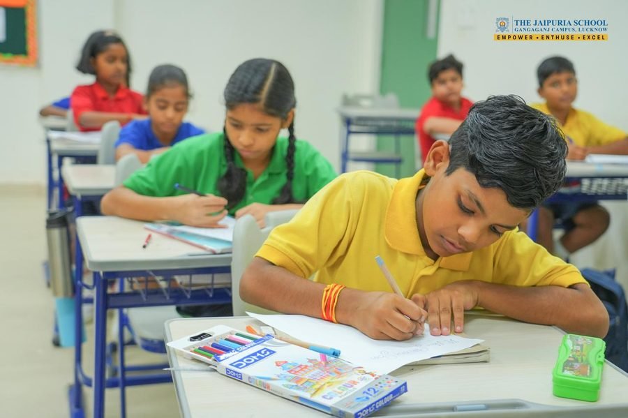 Students working at their desks in a classroom