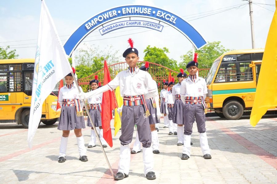 Cadets on parade at the Gangaganj Campus entrance arch