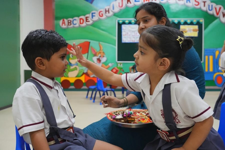 Students sharing a festive moment in the classroom